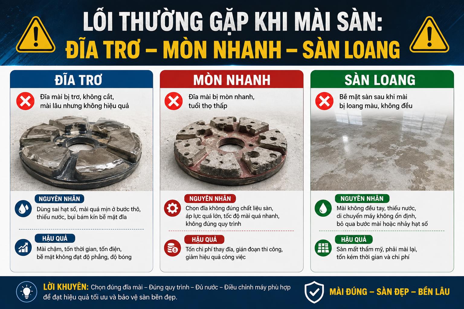 Lỗi Thường Gặp Khi Mài Sàn: Đĩa Trơ, Mòn Nhanh, Sàn Loang